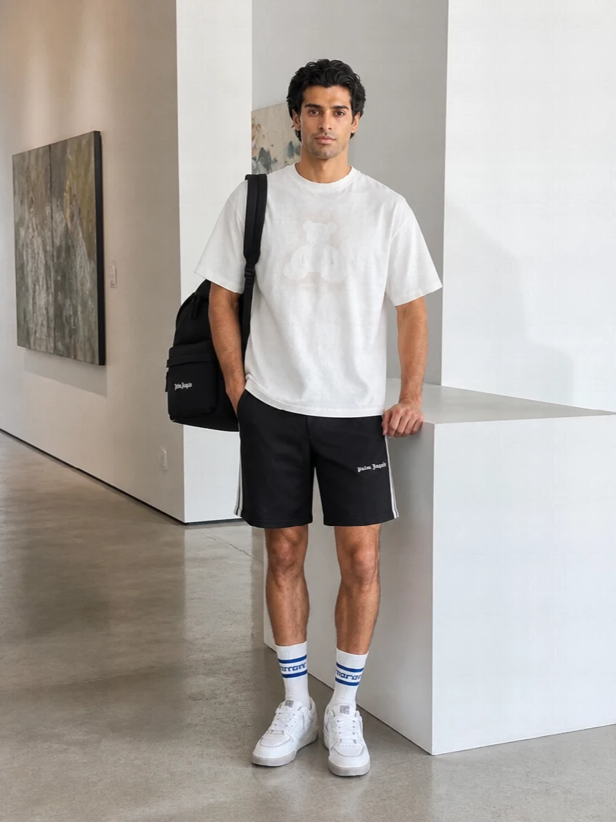 Palm angels tee track shorts sneakers outfit