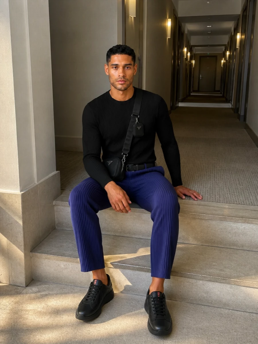 Homme plisse pants prada black sneakers outfit