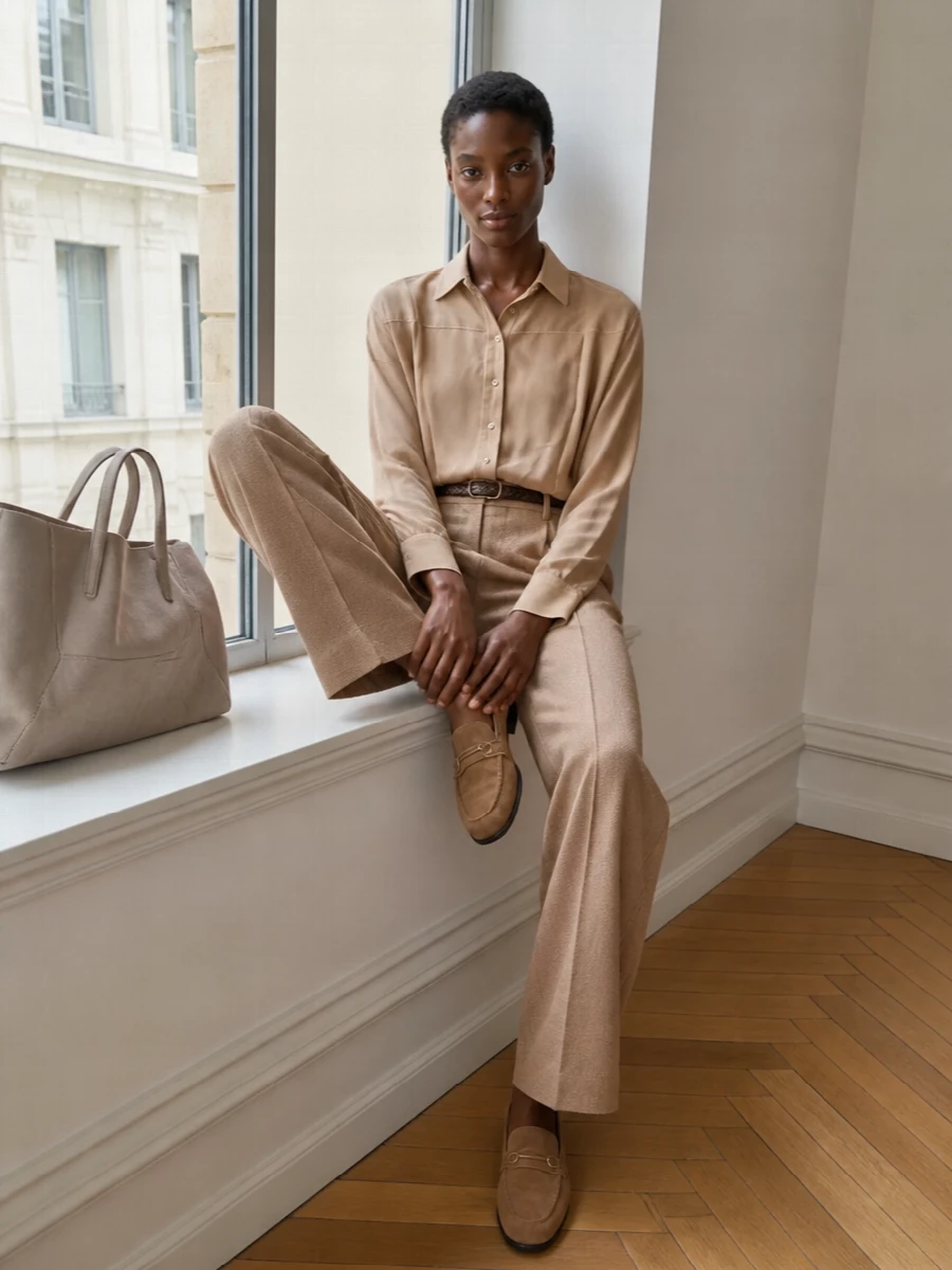 Camel wide leg trousers sheer draped shirt outfit
