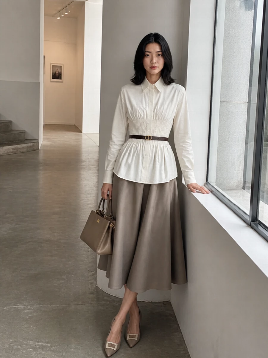 Dior taupe midi skirt ivory prada shirt outfit