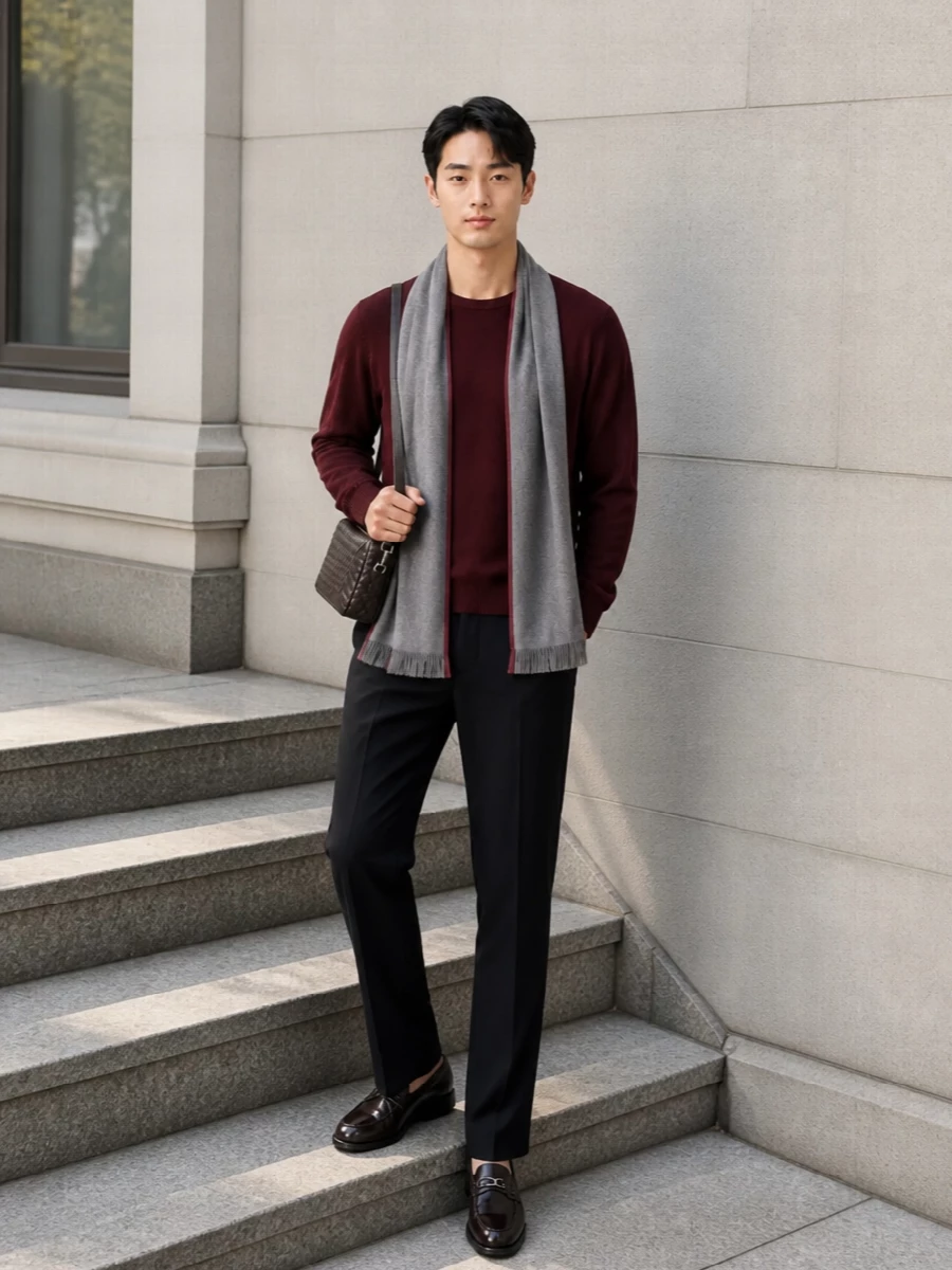 Celine burgundy sweater black trousers loafers