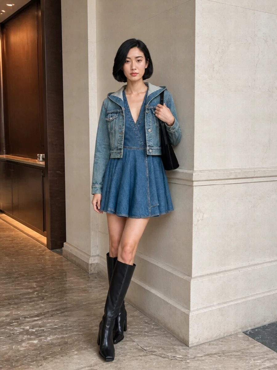 Alaia denim mini dress knee high boots outfit