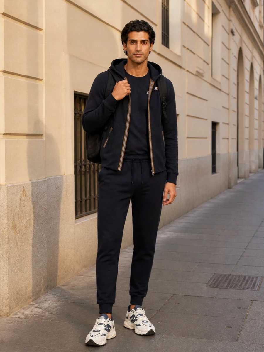 K way navy fleece joggers new balance sneakers