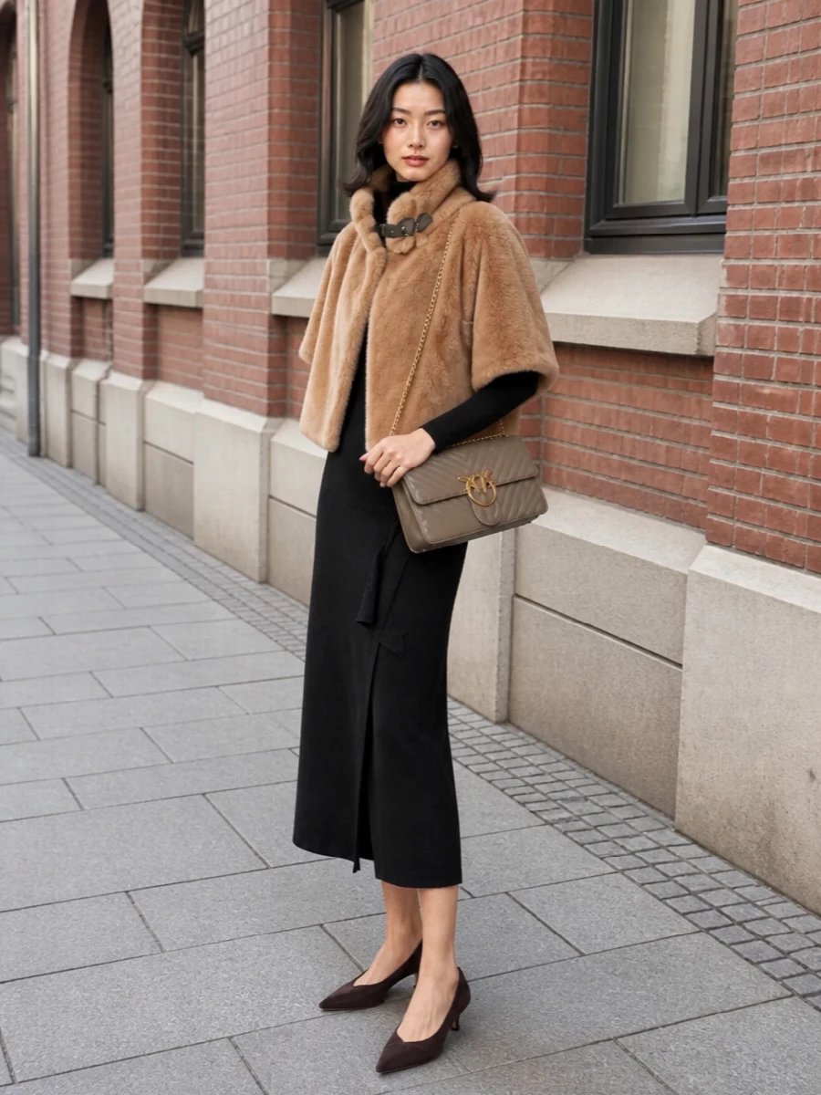 Parosh black knit midi dress pinko faux fur cape