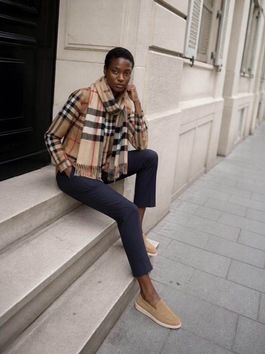 Burberry check shirt navy slim trousers outfit
