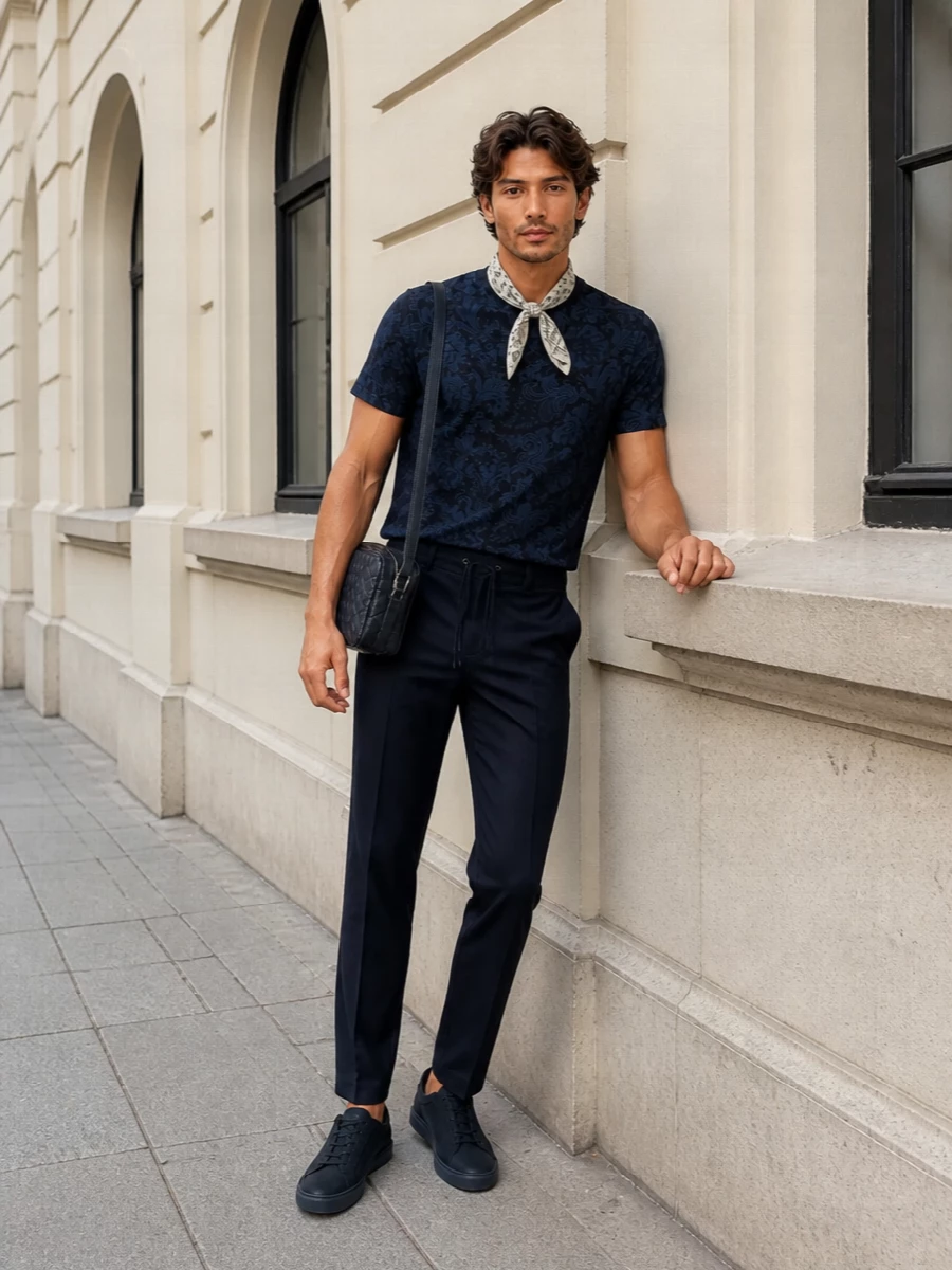 Etro navy paisley tee drawstring trousers outfit