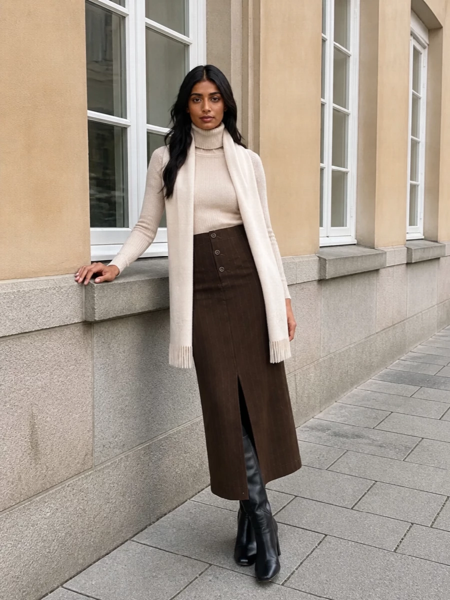 Uma wang pinstripe skirt oatmeal turtleneck outfit