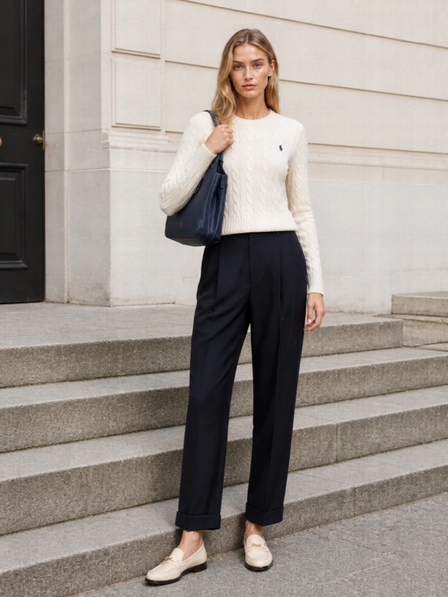 An ivory cable sweater pairs with sharp navy pleated trousers for a clean, collegiate take on smart casual. Cream loafers keep the line light and refined, while a navy bucket bag anchors the palette and underscores the quiet heritage mood. The result is tidy enough for a relaxed office day yet soft enough for weekend city wandering.