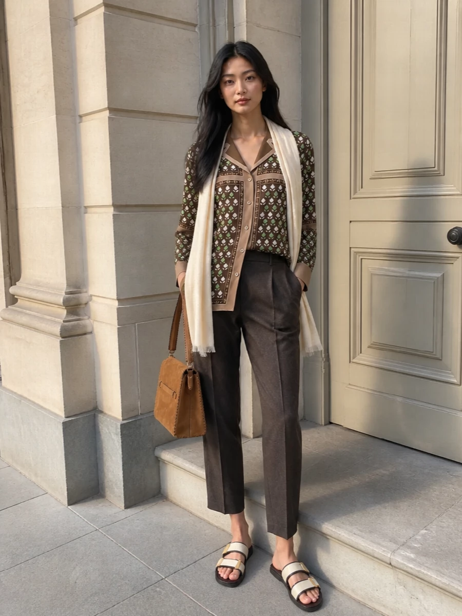 Tory burch pajama shirt brown tailored trousers outfit