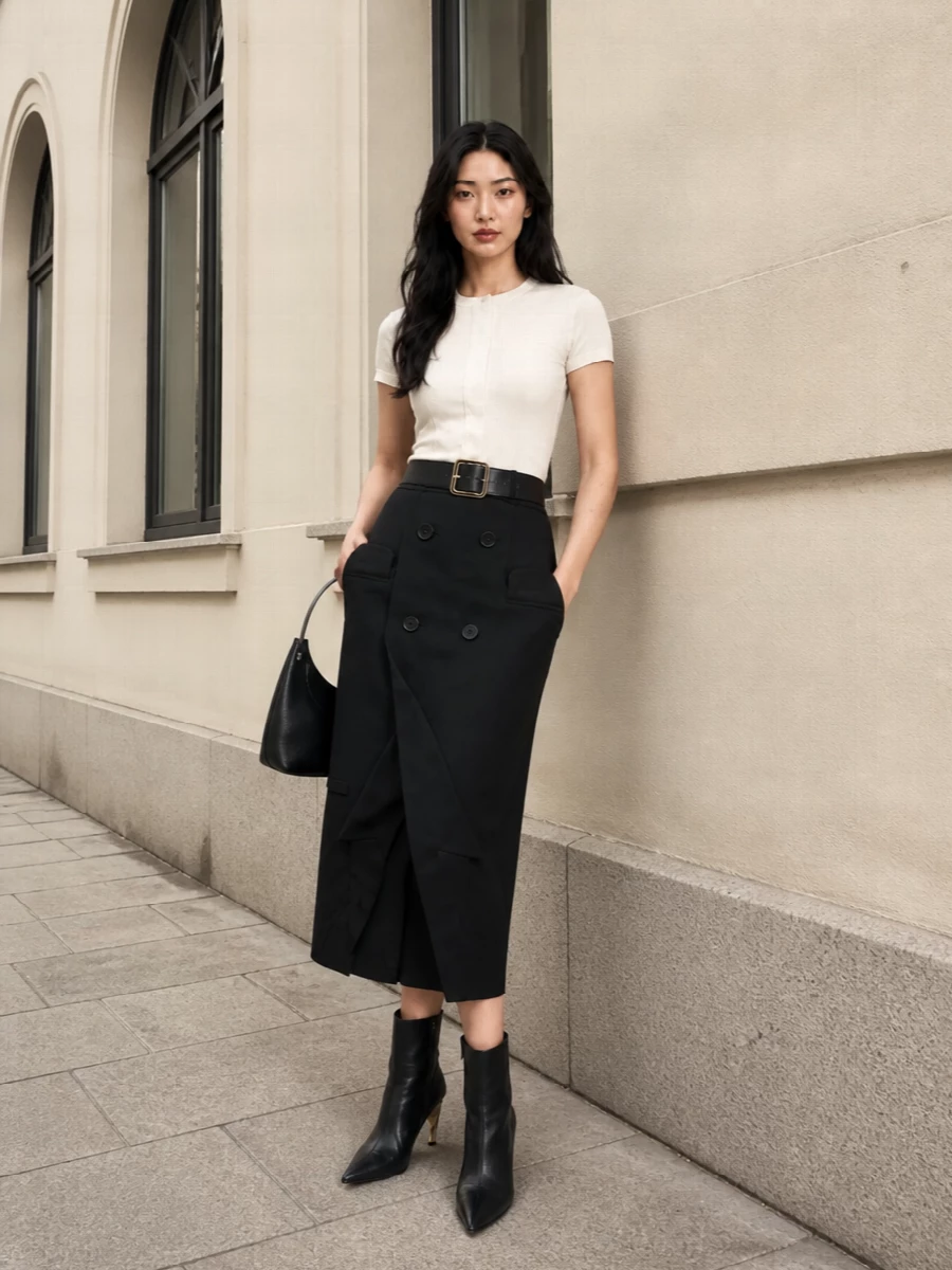 A precise monochrome column, this pairing lets the skirt’s origami structure play against a sculpted ivory torso for a clean, high-contrast line. Metal-tipped boots, a sculptural bag and a single wide belt introduce controlled hardware that feels confident rather than busy. It is boardroom-powerful yet night-ready, with every element speaking the same McQueen architectural language.