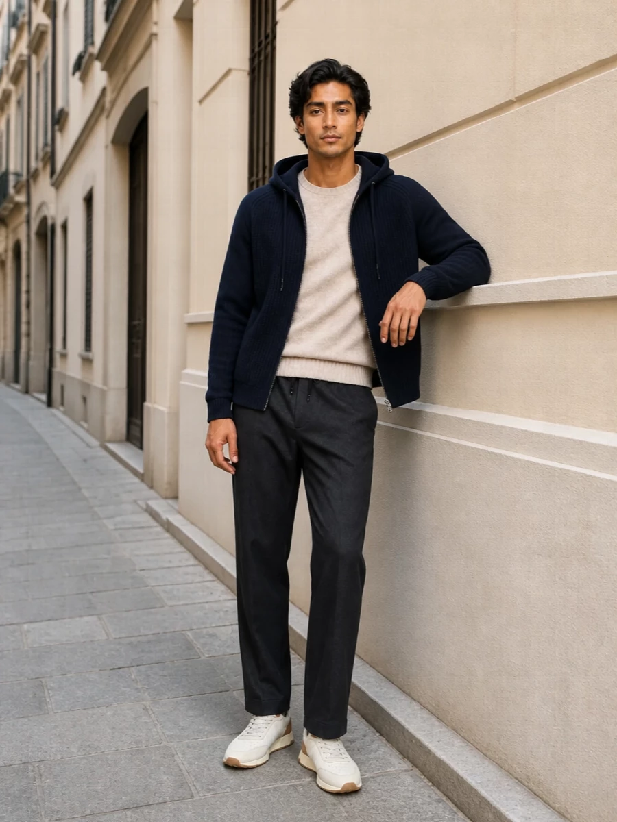 Herno hoodie charcoal trousers tods sneakers