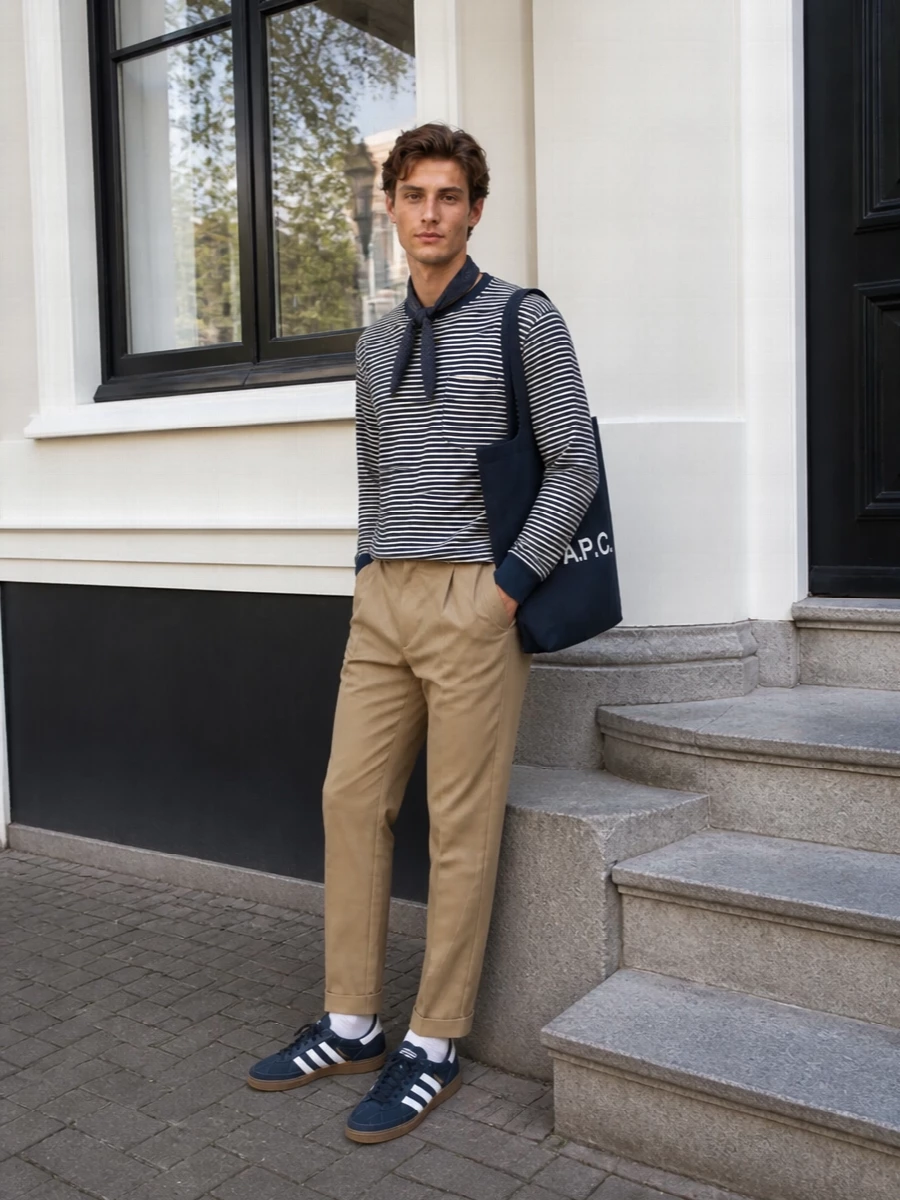 Beams plus striped sweatshirt pleated chinos outfit