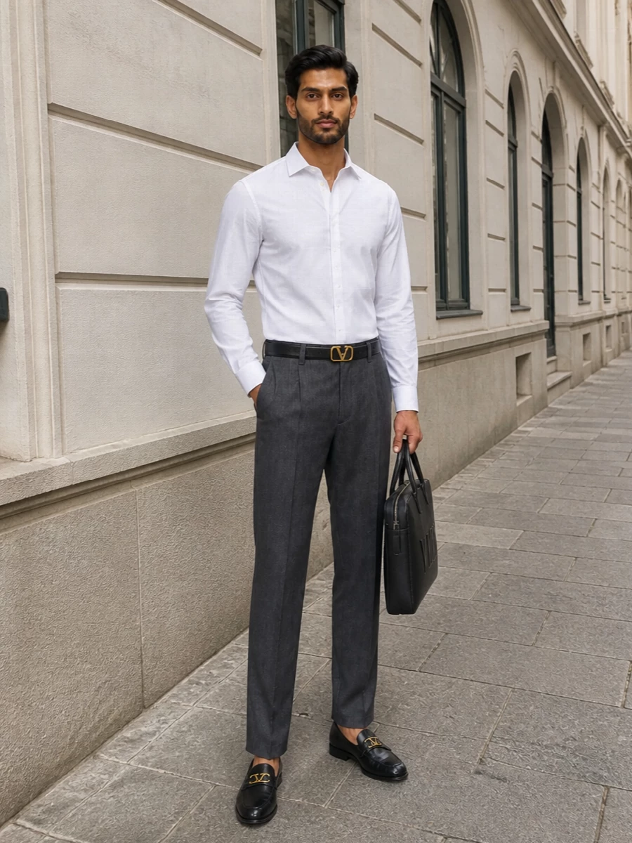 Valentino garavani charcoal trouser white shirt outfit