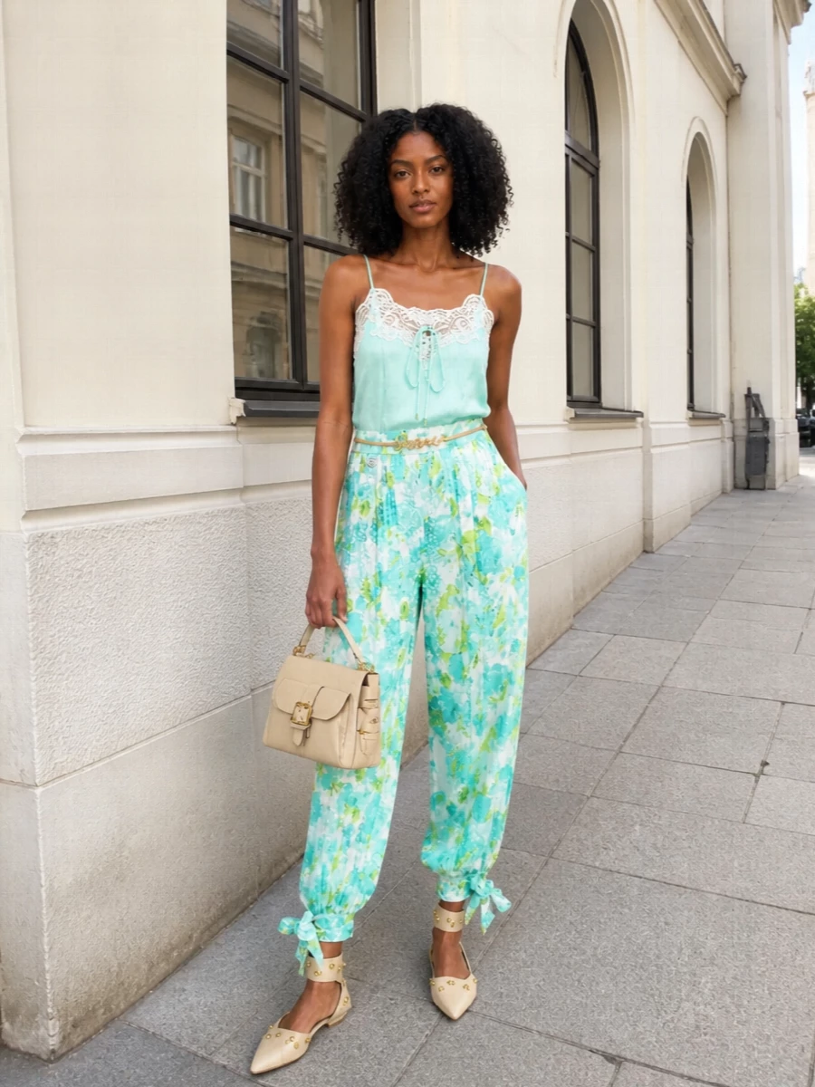 Chloe mint camisole floral lounge pants outfit