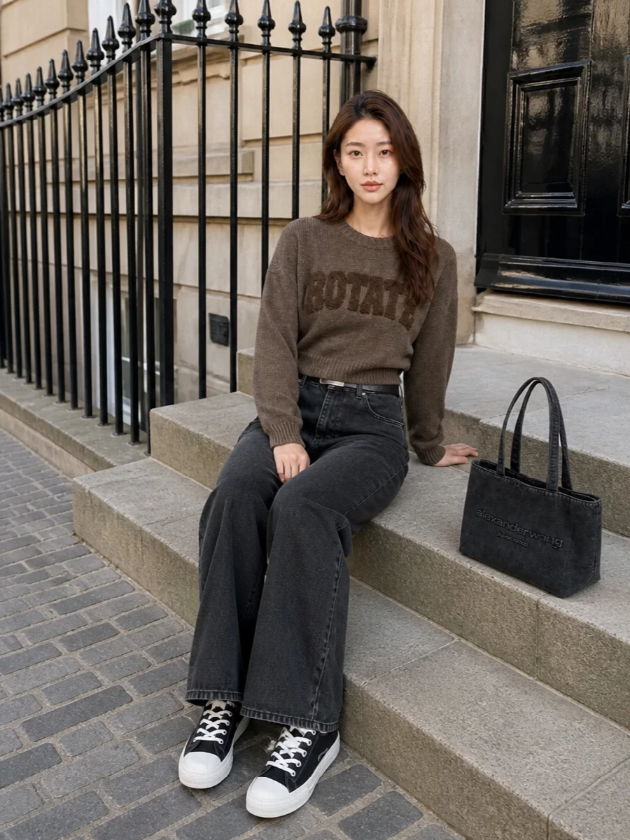 Rotate wide leg jeans cropped knit rick owens sneakers