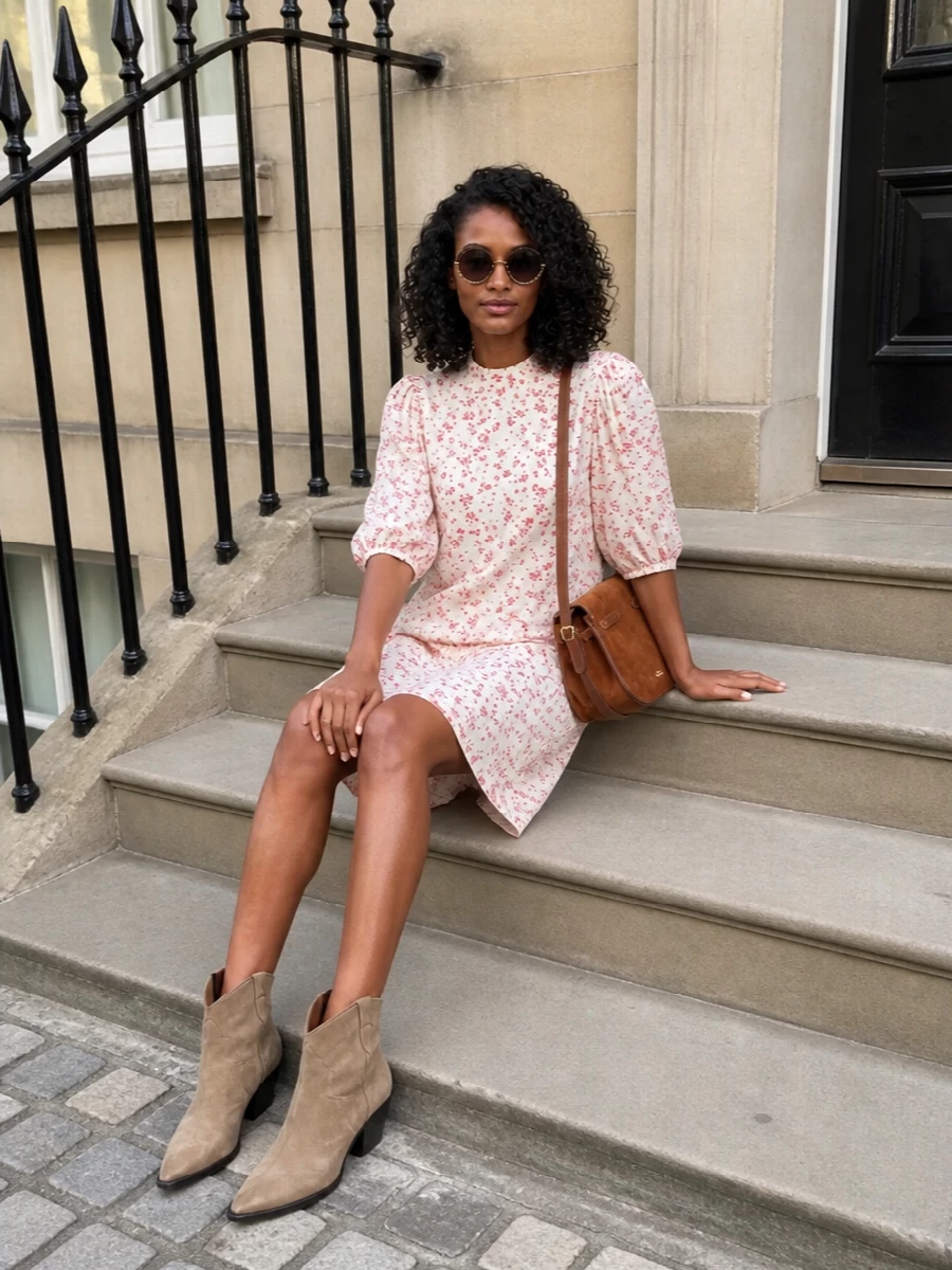 I’m building around the dress path so the sunglasses can really play, and the Ganni floral midi keeps things light, romantic and a little boho without fighting the bold frames. Isabel Marant’s western boots add just enough edge and structure, while the caramel suede shoulder bag keeps everything in that warm, easy, slightly vintage register. The result is an all-day city outfit that feels playful yet considered, with the sunglasses as the clear hero piece.