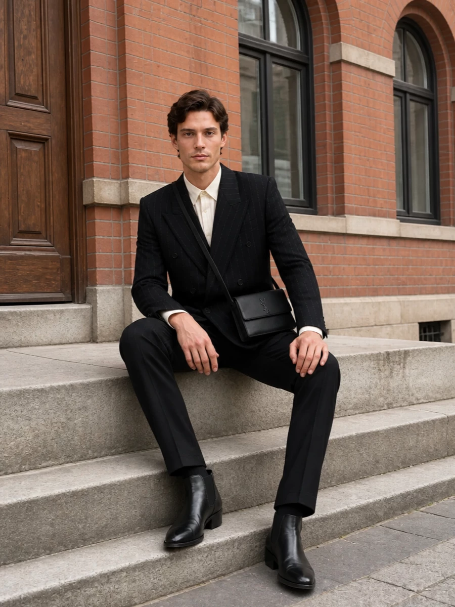 Saint laurent black pinstripe blazer outfit men