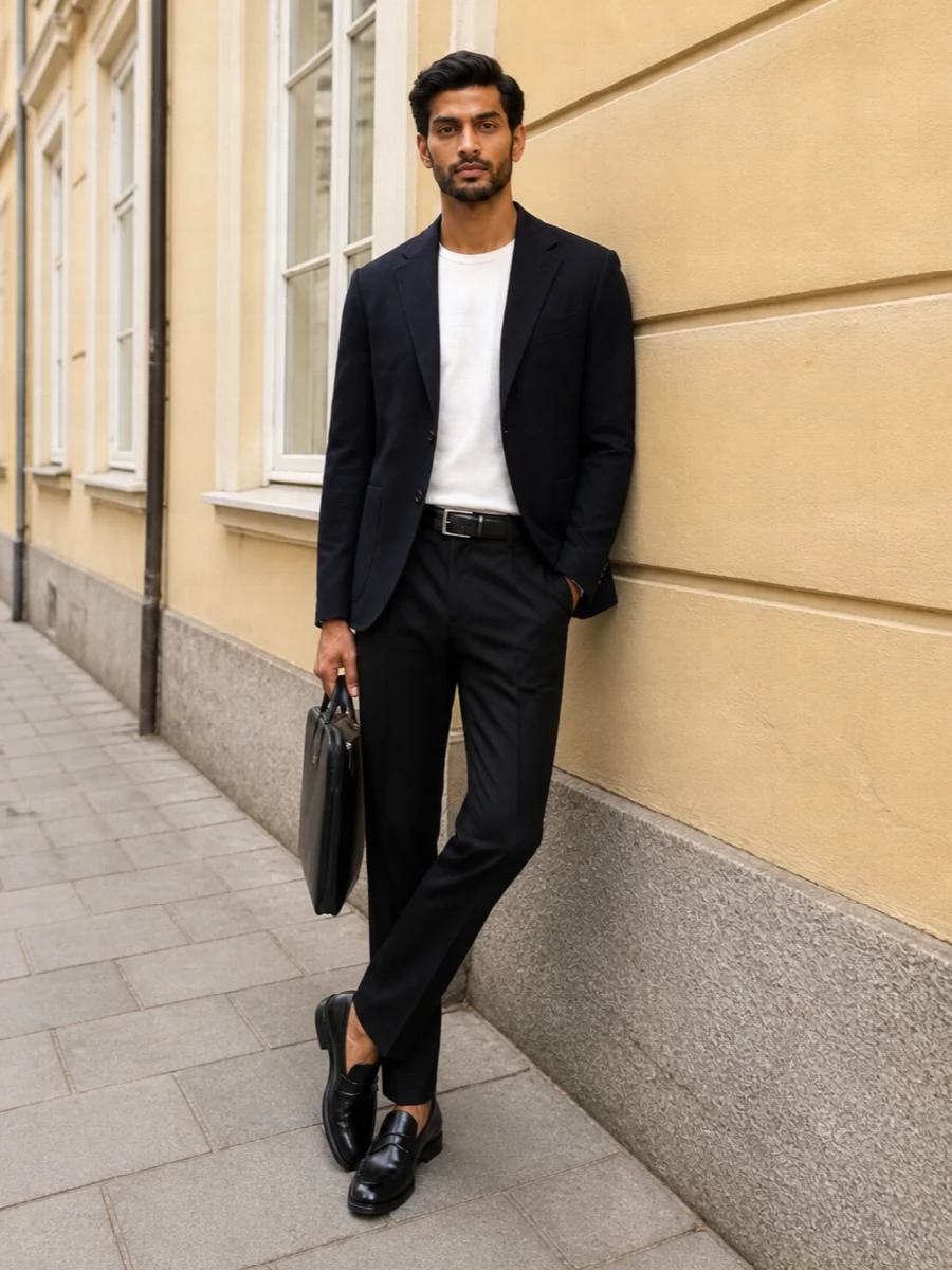 Lardini navy blazer black tailored trousers