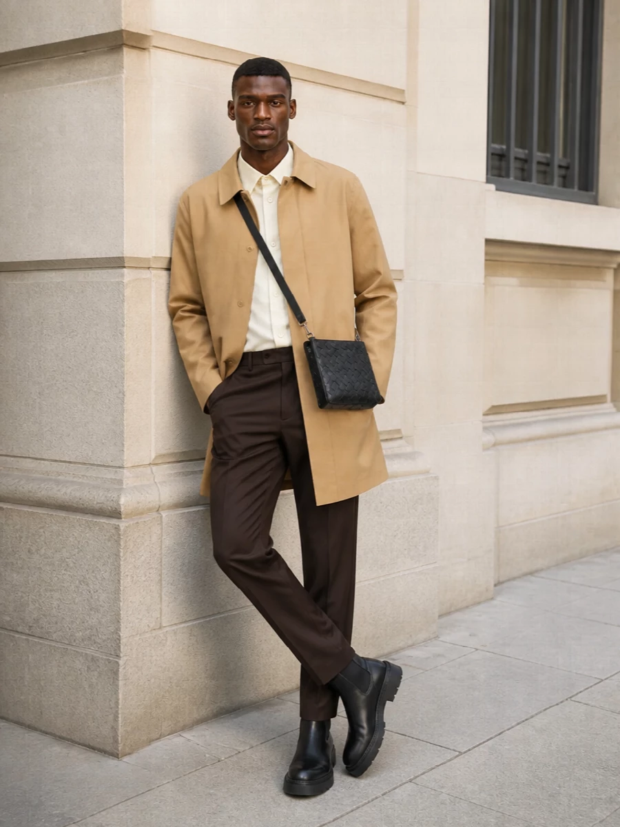 Burberry camel coat tailored trousers outfit