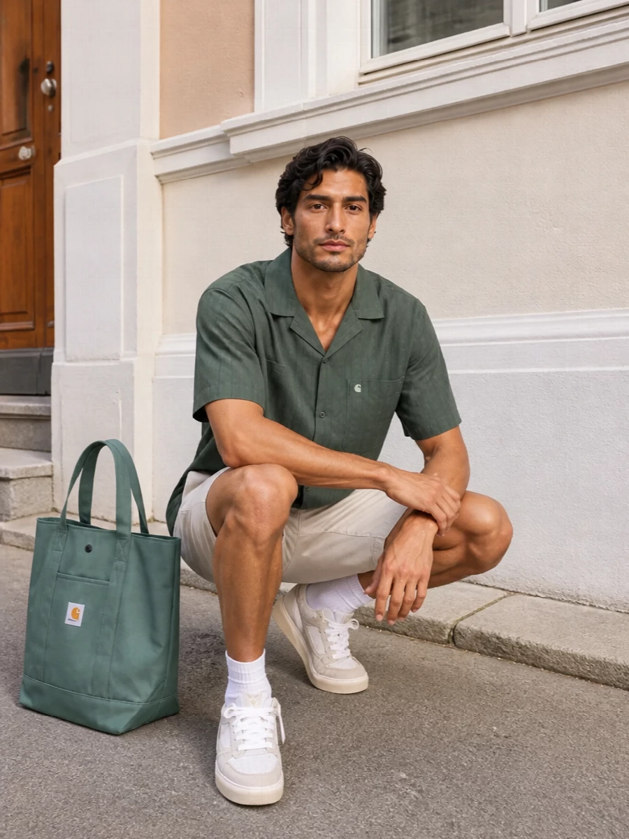 Carhartt wip green shirt beige shorts outfit