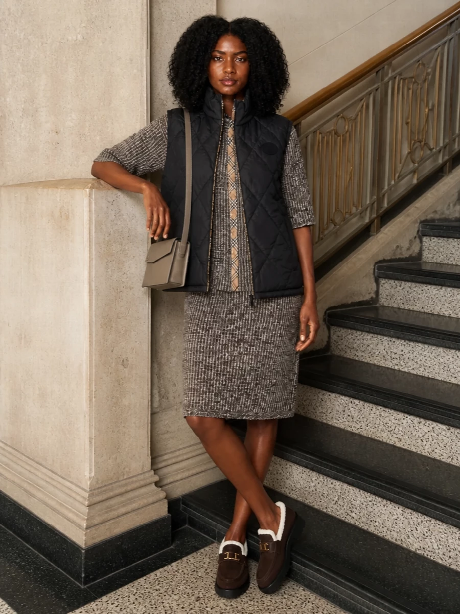 I chose the dress route so the Burberry gilet can stay the hero outer layer without competing tailoring at the shoulders. The textured Fabiana Filippi shift, shearling-lined Valentino loafers, and precise Valextra crossbody create a quietly structured, walking-city outfit that feels warm, useful, and polished. Neutrals pull everything into a single, calm palette that lets the check zip and quilting provide just enough character.