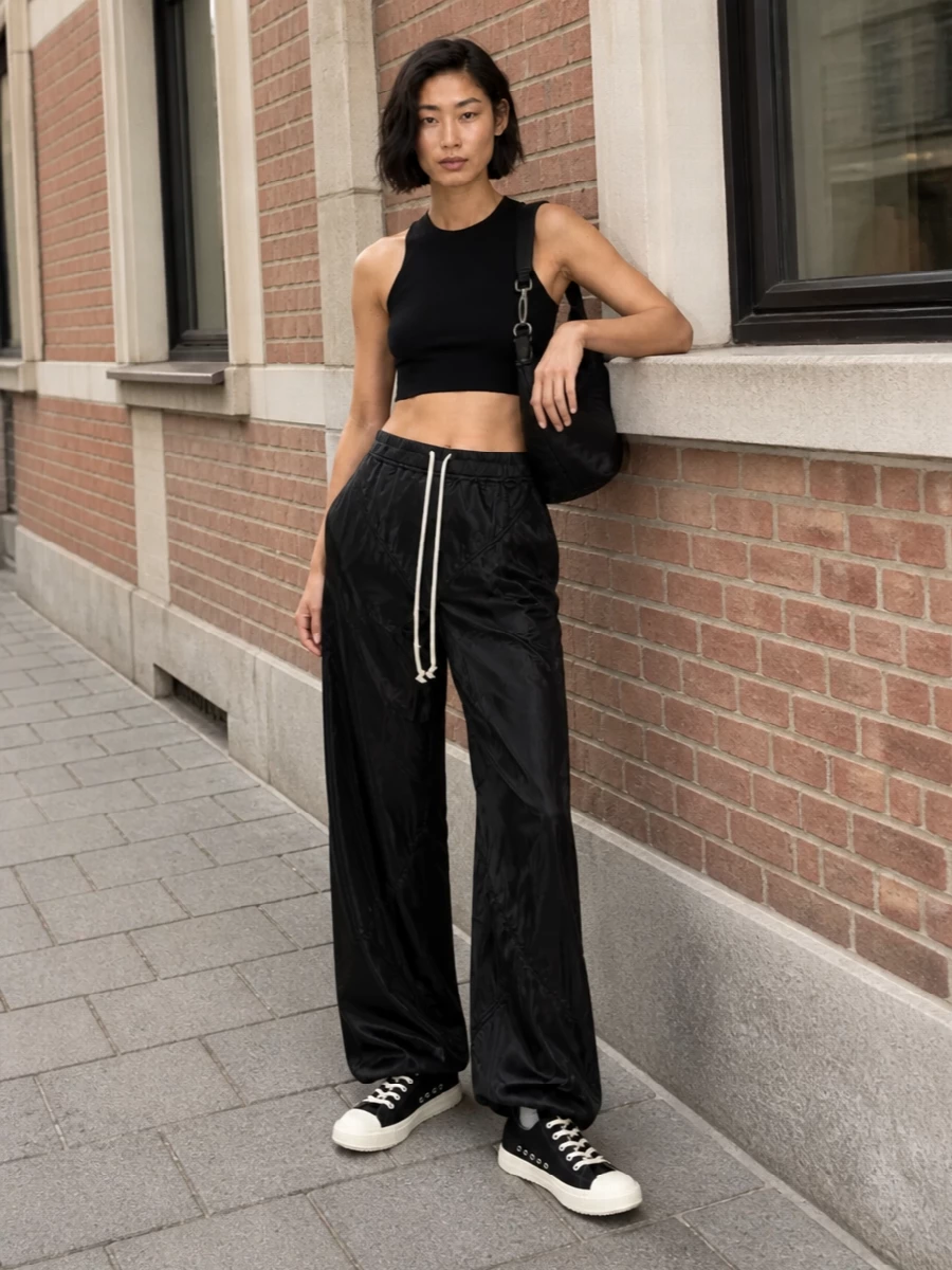 Wide, glossy track pants sit low and relaxed against a sharp black cropped racerback, keeping the proportions long in the leg and clean at the waist. Classic canvas low-tops echo the chalk drawstring, while a compact hobo bag and discreet tabi socks keep the energy dark, athletic and very Rick from late afternoon into night. It reads as a precise, urban uniform: minimal, mobile and quietly aggressive.