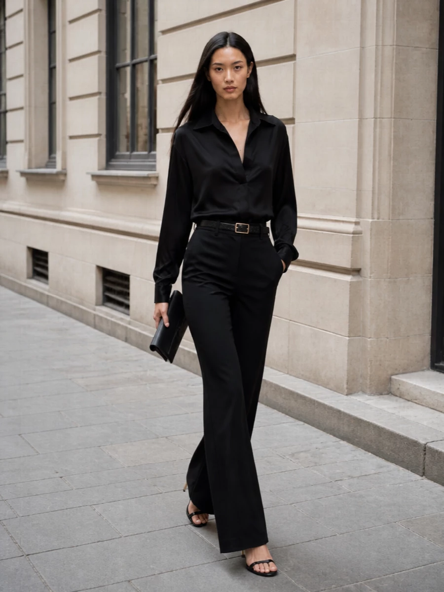 Tom ford black satin top wide leg trousers outfit