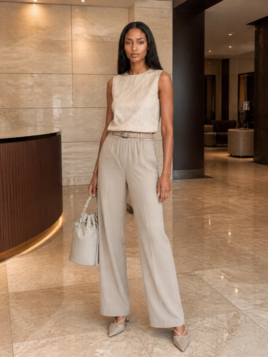 A tonal Armani neutral story that feels calm and composed, built around fluid beige tailoring and a softly textured sand shell. The slim braided belt quietly defines the waist, while the nude slingback and structured taupe bag keep the lines clean for city days that drift into dinner. It is polished without stiffness, ideal when you want comfort, discretion and poise in the same outfit.