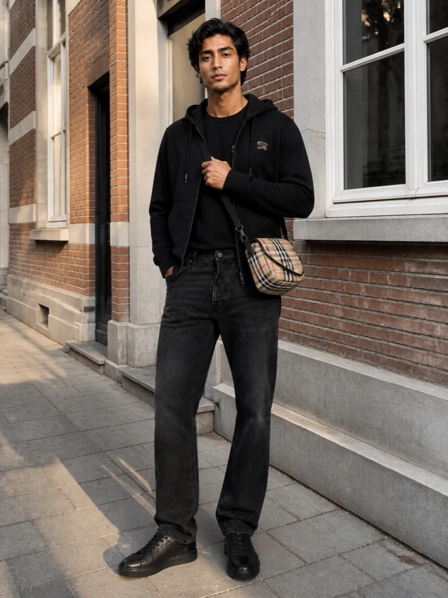 Burberry hoodie black jeans sneakers outfit