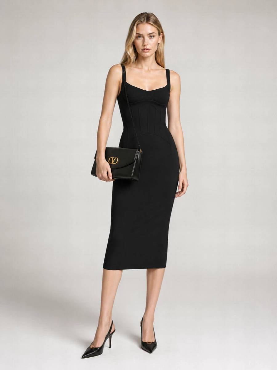 A sharply structured black midi dress and the Saint Laurent slingback create a long, uninterrupted line that feels precise yet quietly sensual for evening. The Valentino clutch picks up the black and gold story, keeping the mood restrained, polished and unmistakably luxurious. Choosing the dress route over separates lets the shoes read as a deliberate, architectural accent rather than just another tailored element.