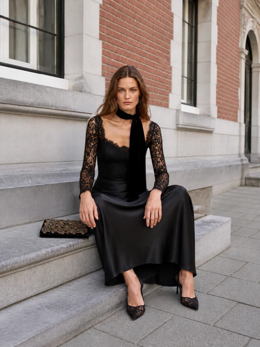 Dolce gabbana black lace top satin column skirt