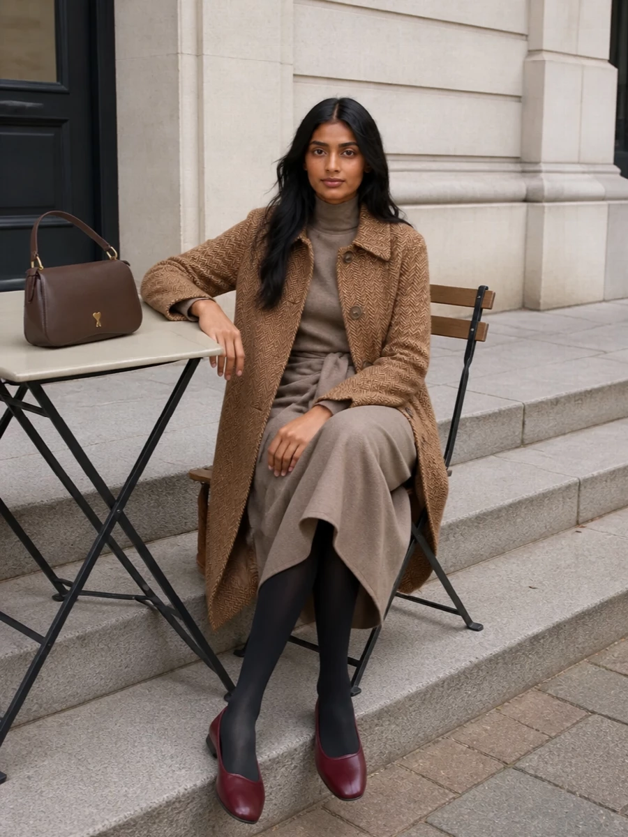 I am building around the dress rather than separates, because the Max Mara knit wrap dress creates a long, tonal line that harmonises seamlessly with the camel herringbone coat’s tailored ease. The flat burgundy ballerinas and structured chocolate shoulder bag keep the mood quietly polished and city-ready, with subtle depth in the accessories instead of competing colour. The result is a warm, softly sculpted ensemble that feels refined enough for desk-to-dinner days yet relaxed in spirit.