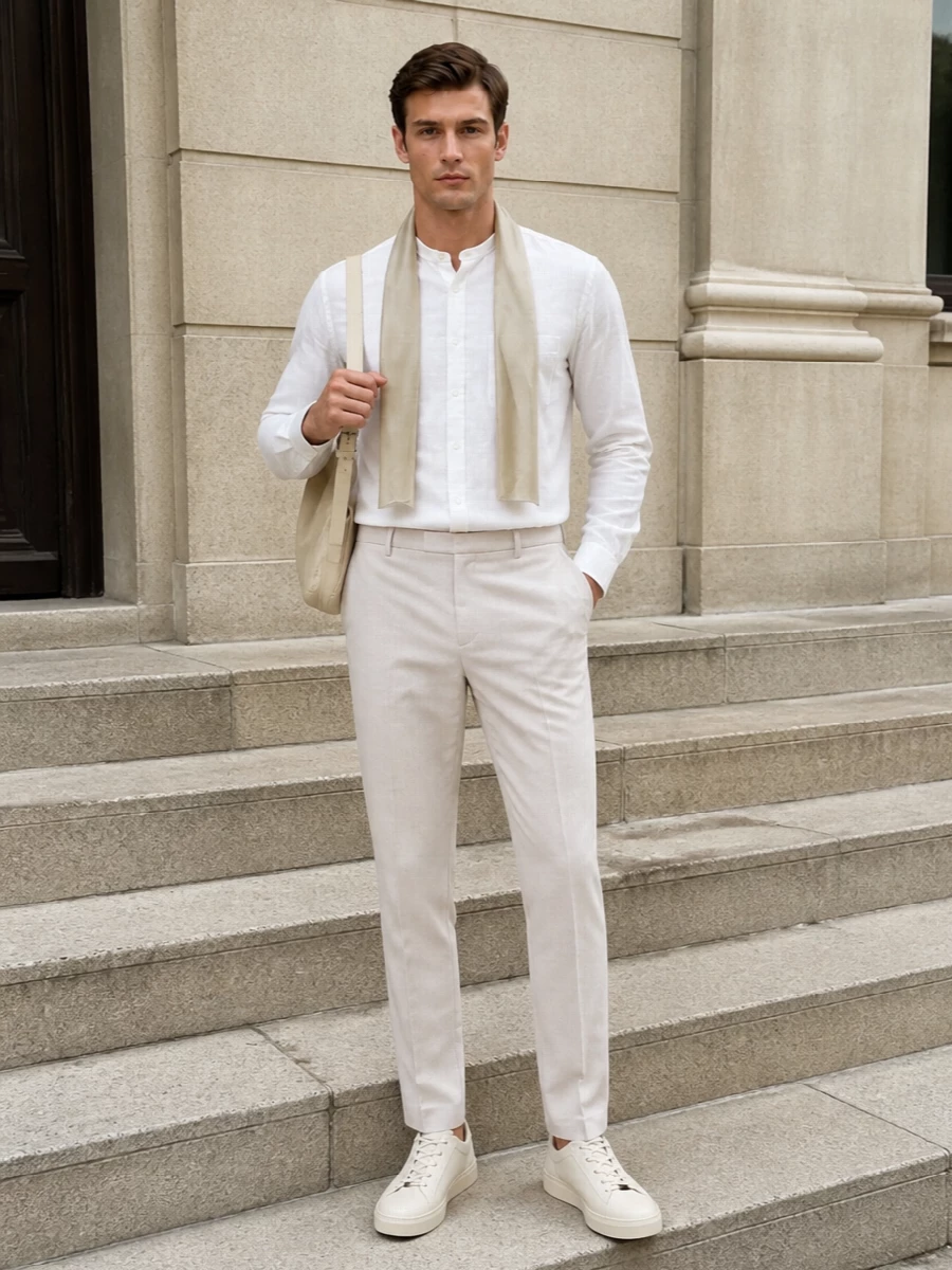 Lardini beige trousers tods white sneakers outfit