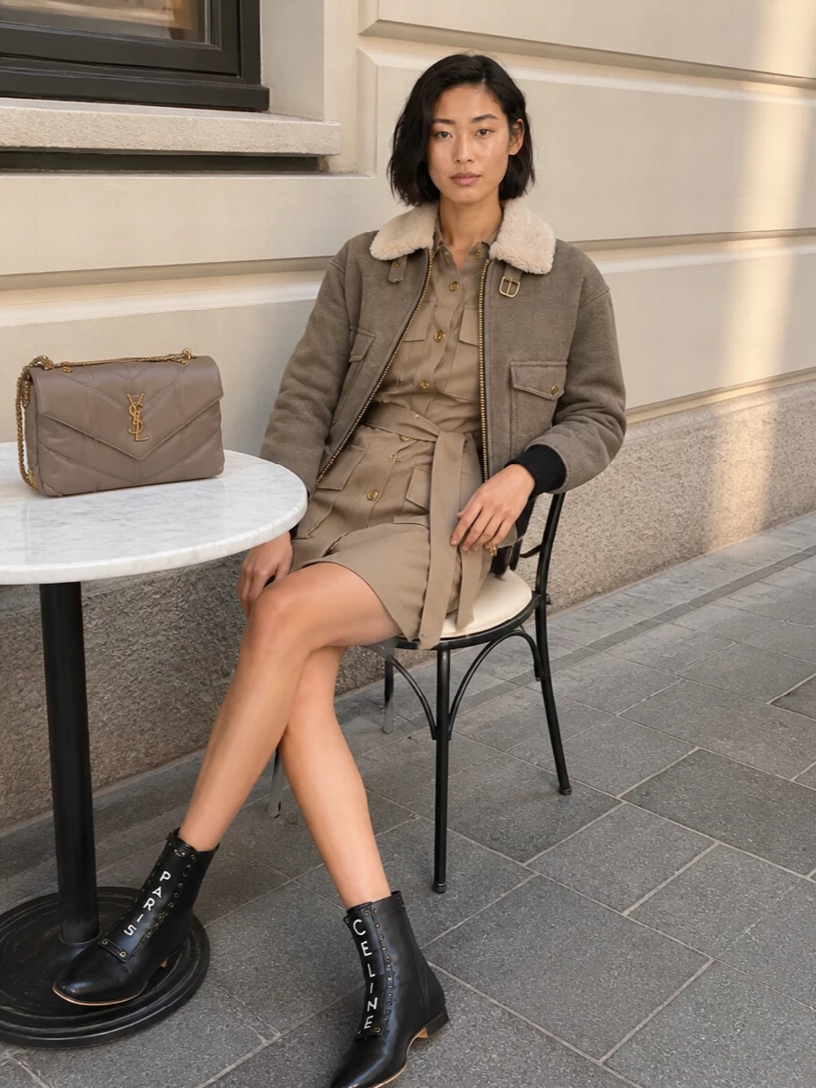 Celine bomber taupe utility dress outfit