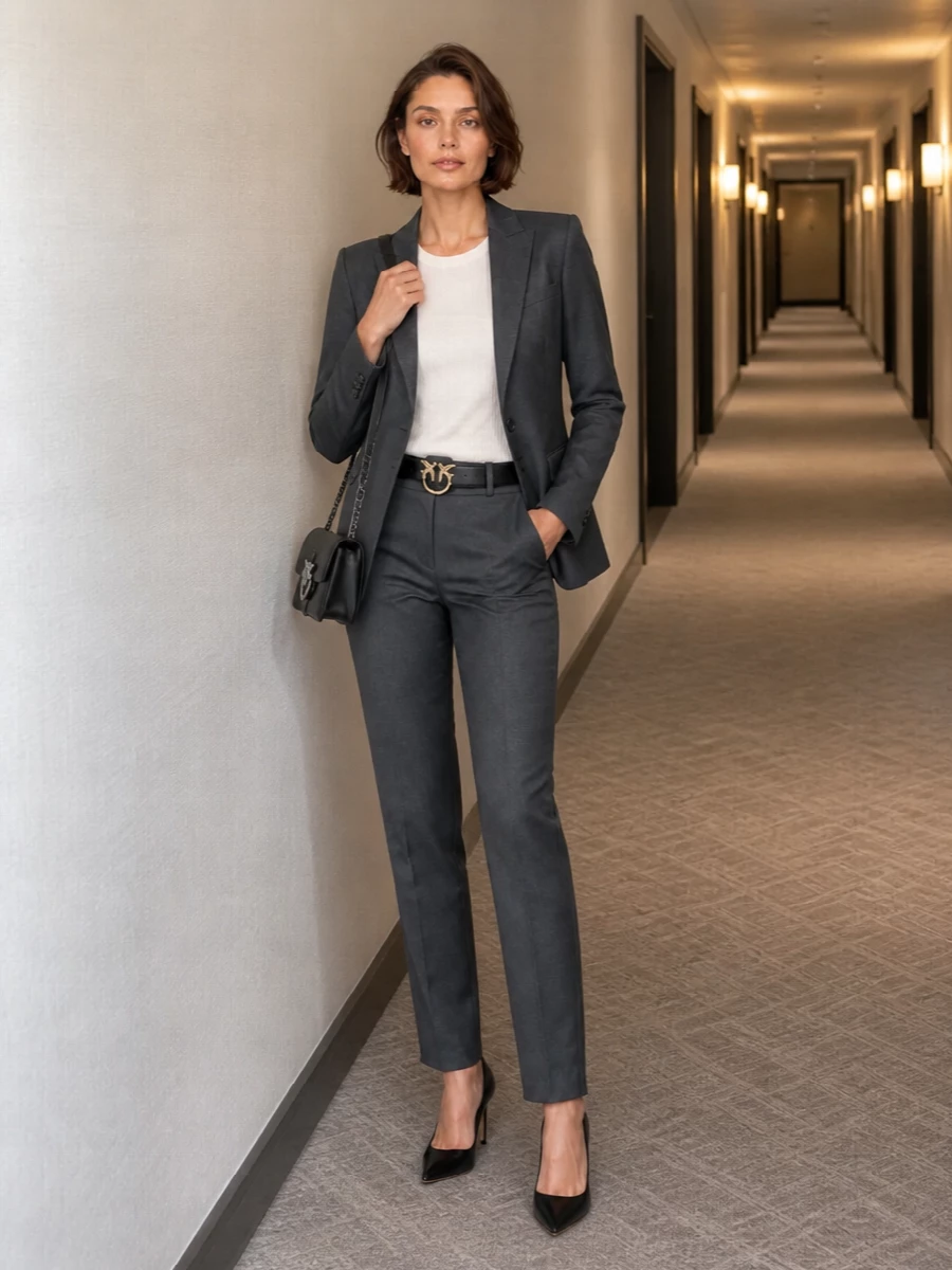 Pinko charcoal blazer suit jimmy choo pumps