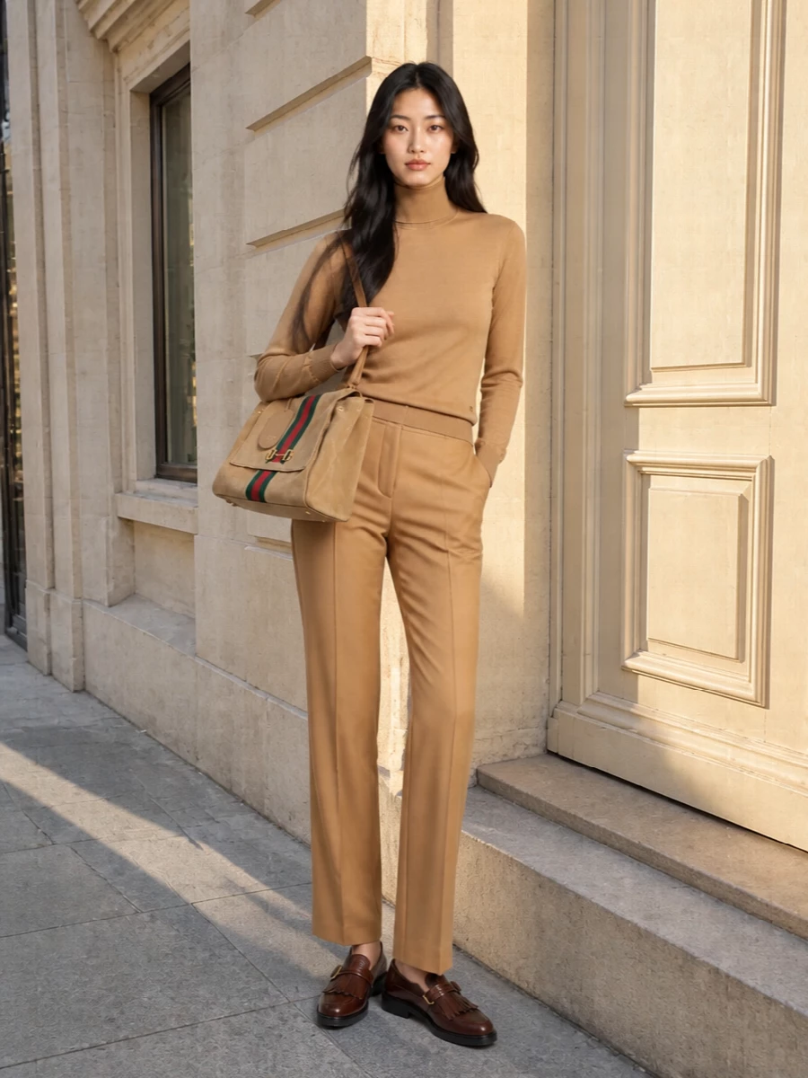 A column of camel, from fine turtleneck to tailored trouser, lets the Gucci bag’s stripe and hardware read as the only statement. The chocolate Tod’s loafers deepen the palette and keep the mood quietly collegiate, ideal for a polished city day that can slip into dinner without a change. Choosing separates over a dress keeps the silhouette modern and adaptable while staying firmly in a quiet luxury lane.