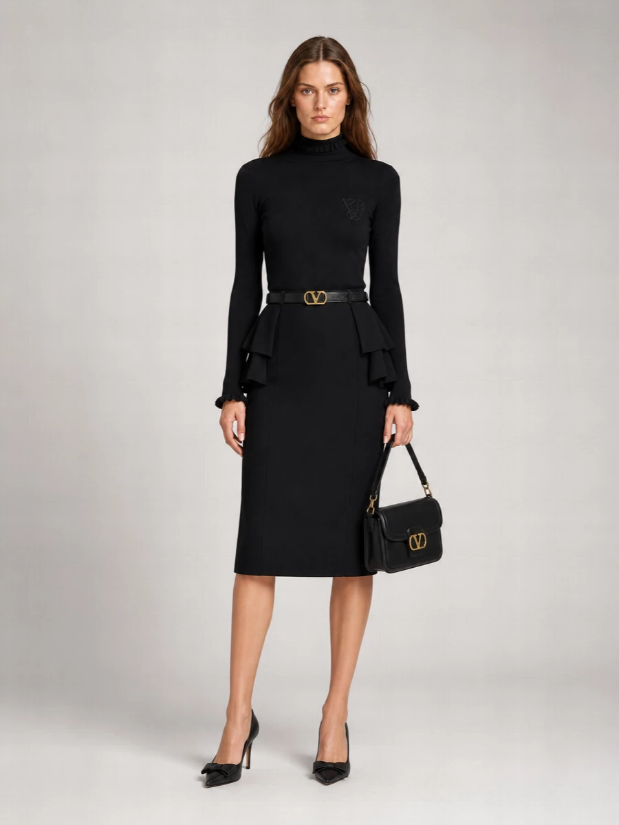 Valentino Silk Wool Ruffled Midi Skirt