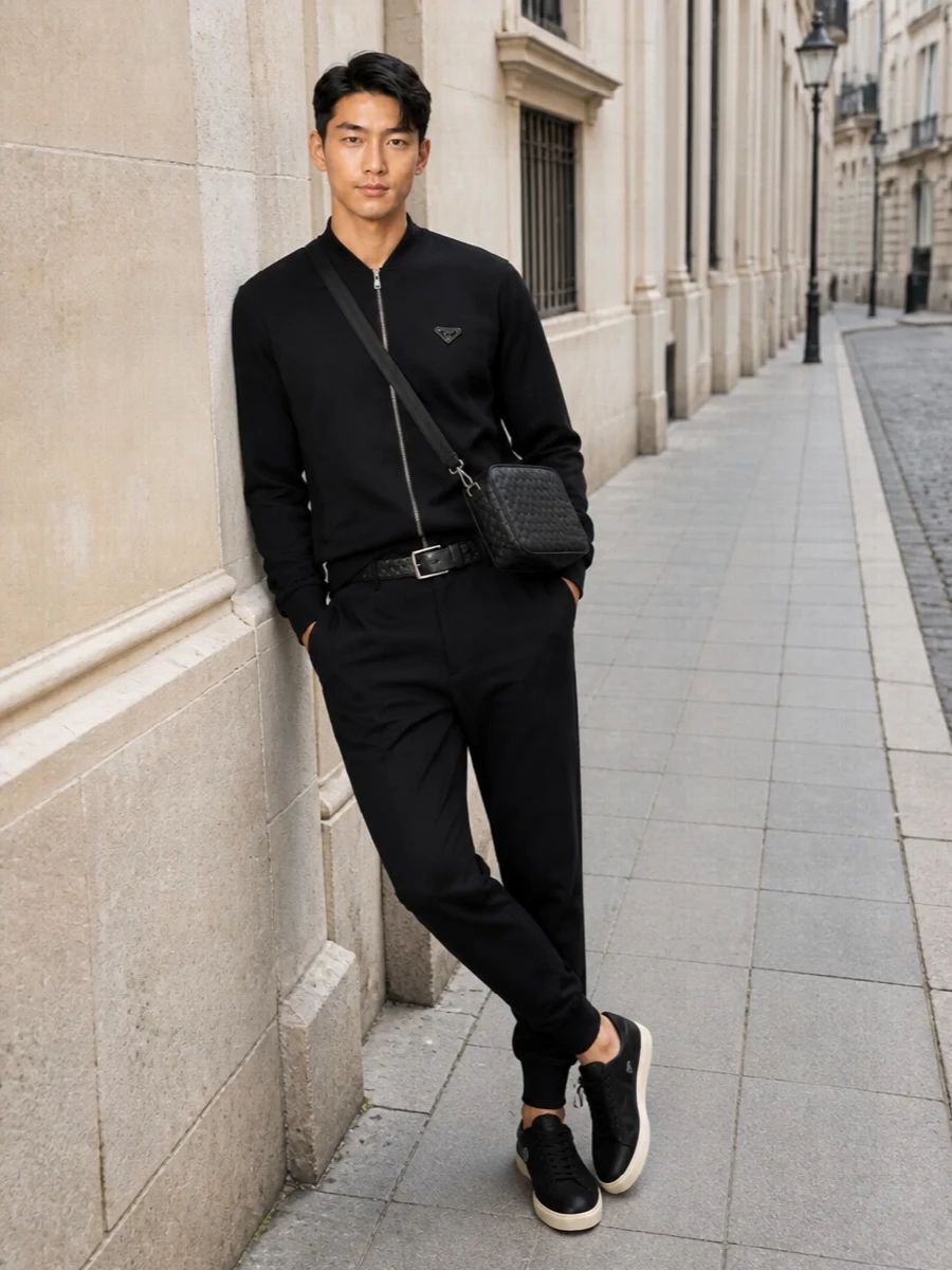 Prada black bomber sweatshirt jogger trousers outfit