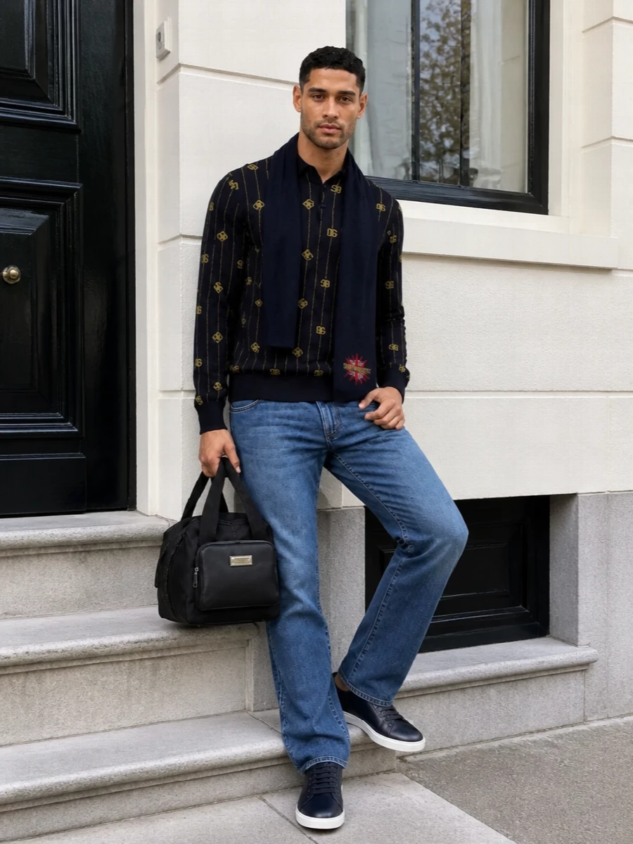 Dolce gabbana navy logo jumper jeans outfit