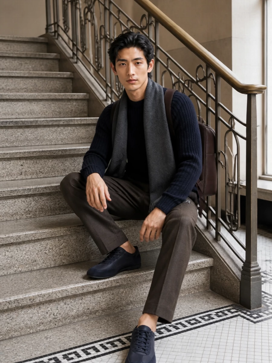Brioni navy sweater brown trousers prada bag