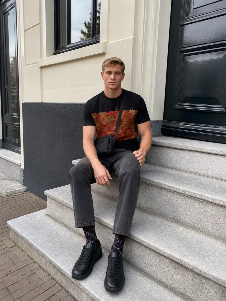 Maison margiela black tee charcoal jeans outfit