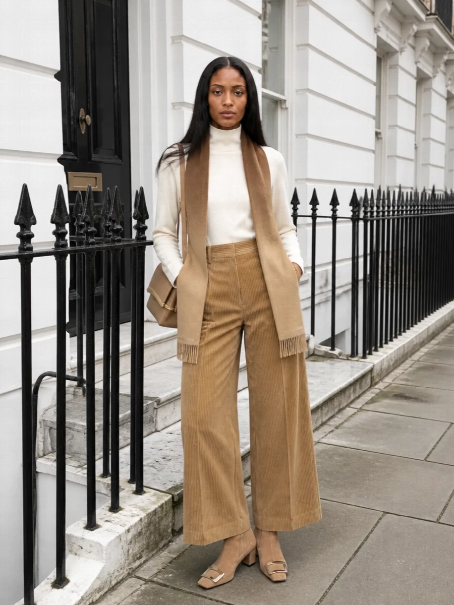 Rohe camel corduroy trousers ivory blouse outfit