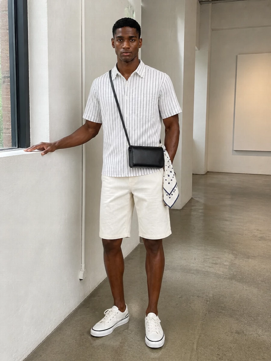 Ami paris striped shirt off white shorts outfit