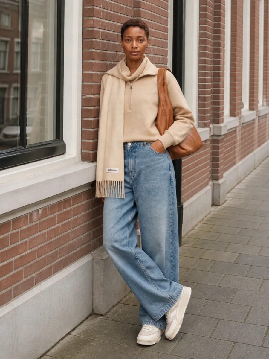 Ami paris camel half zip wide leg jeans outfit