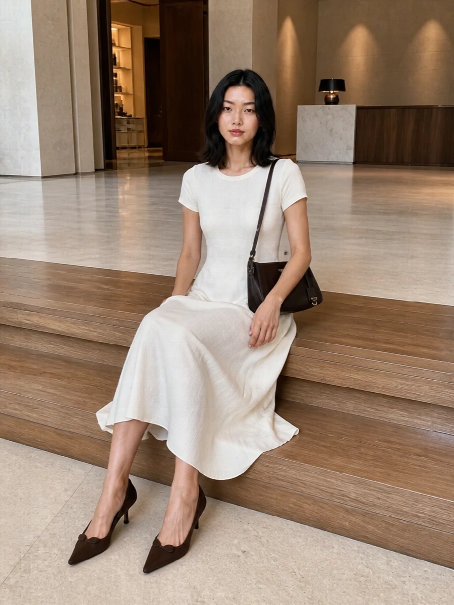 Prada ivory midi dress brown suede pumps