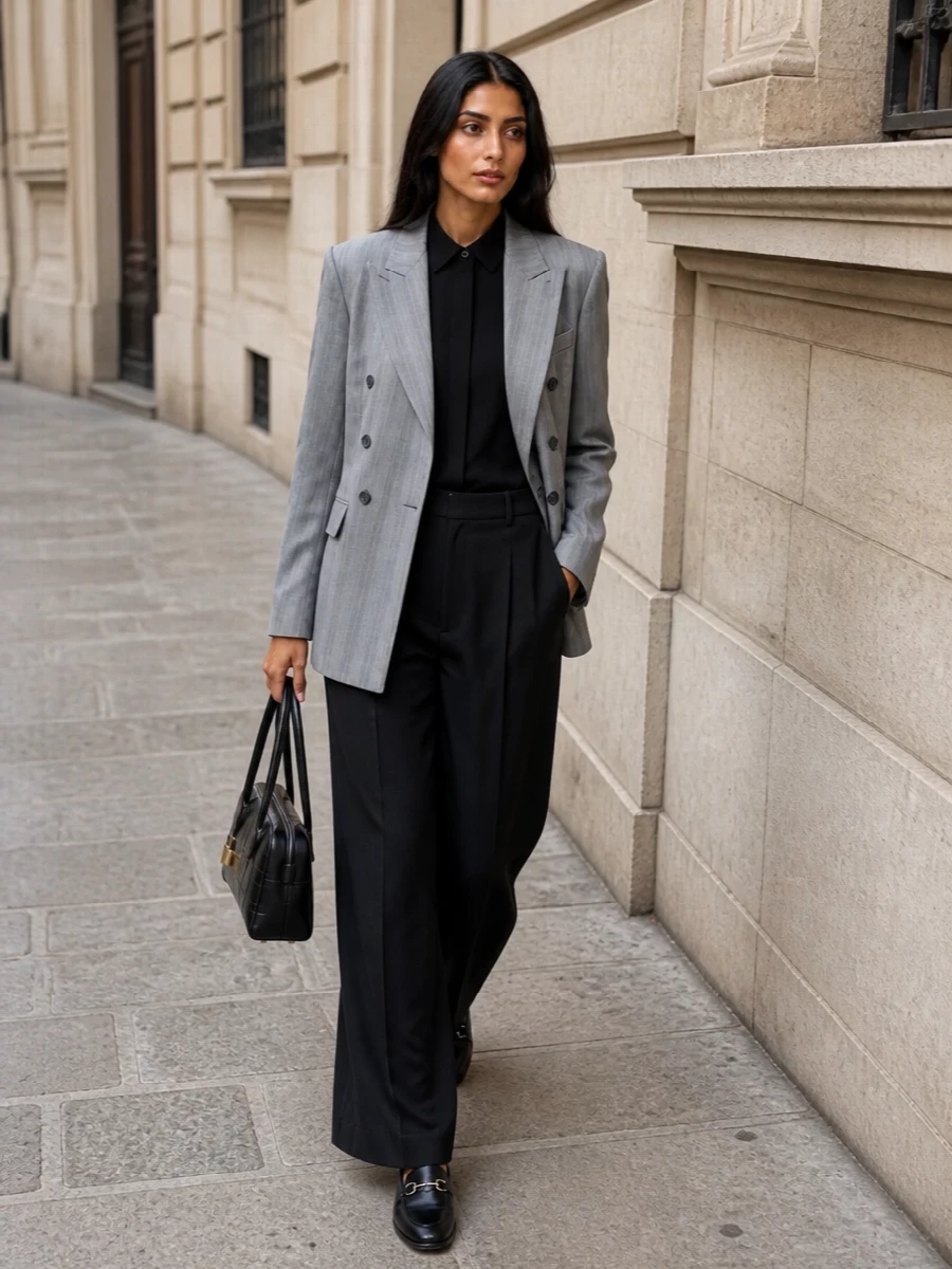This look builds a modern power-suiting narrative around the pinstriped Sportmax blazer, grounding it with a sculpted black knit shirt and high-waisted black wide-leg trousers for a long, clean column. Gucci loafers keep the menswear, preppy edge polished rather than casual, while the structured croc-embossed top‑handle bag brings just enough texture and shine to feel elevated yet still firmly in the quiet-luxury lane. I chose the top-and-trouser route over a dress to echo the blazer’s suiting DNA and maintain a coherent, tailored city-uniform silhouette.