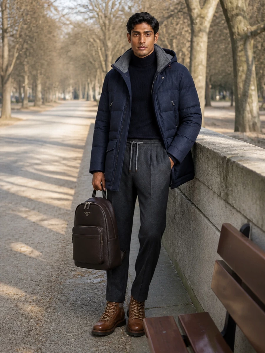 Brunello cucinelli navy parka mock neck boots
