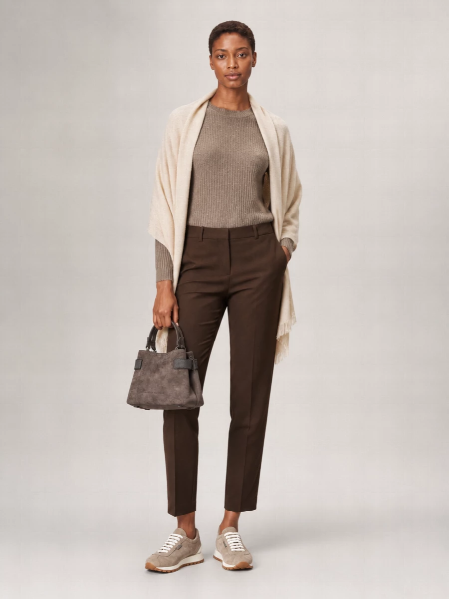 Brunello Cucinelli Cashmere Wool Blend Ribbed Crew Neck Long Sleeve Sweatshirt