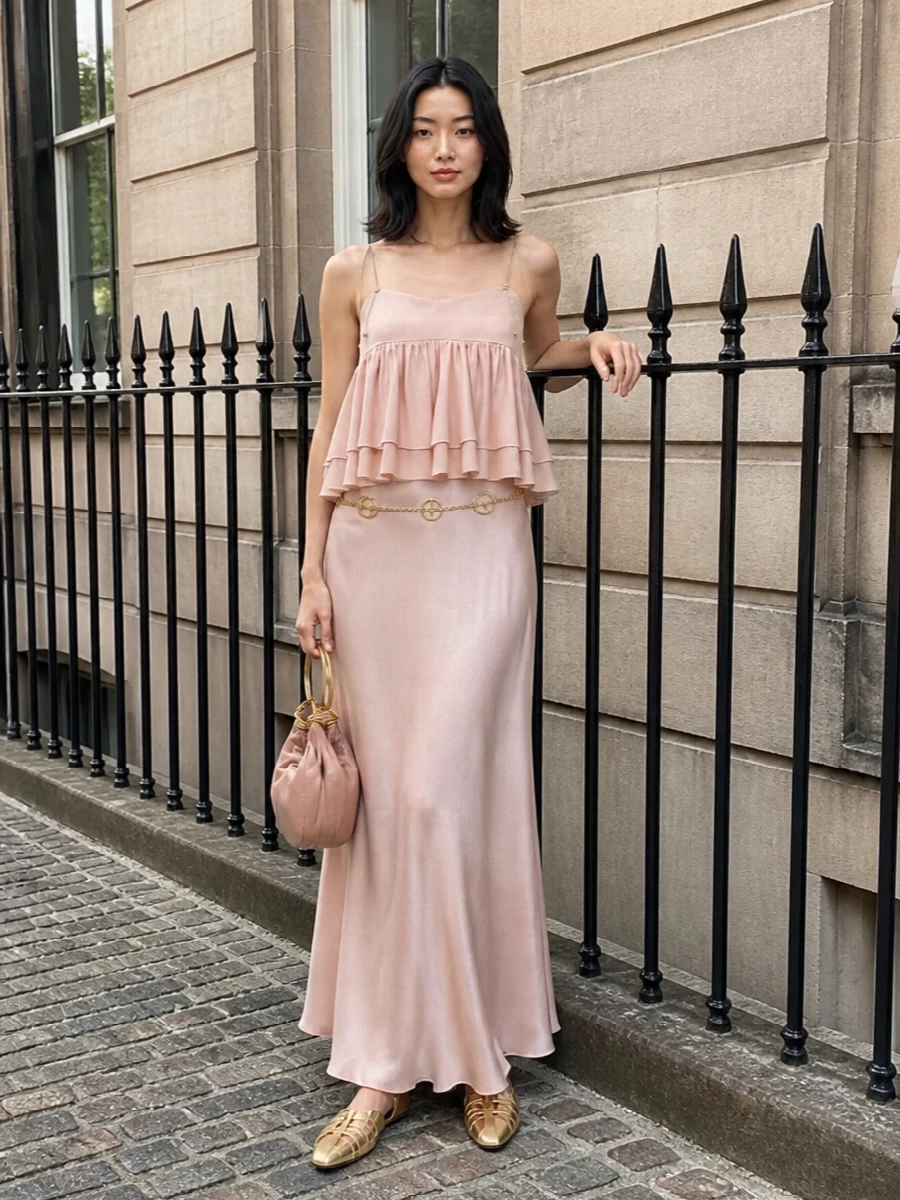 Chloe blush satin skirt outfit gold flats