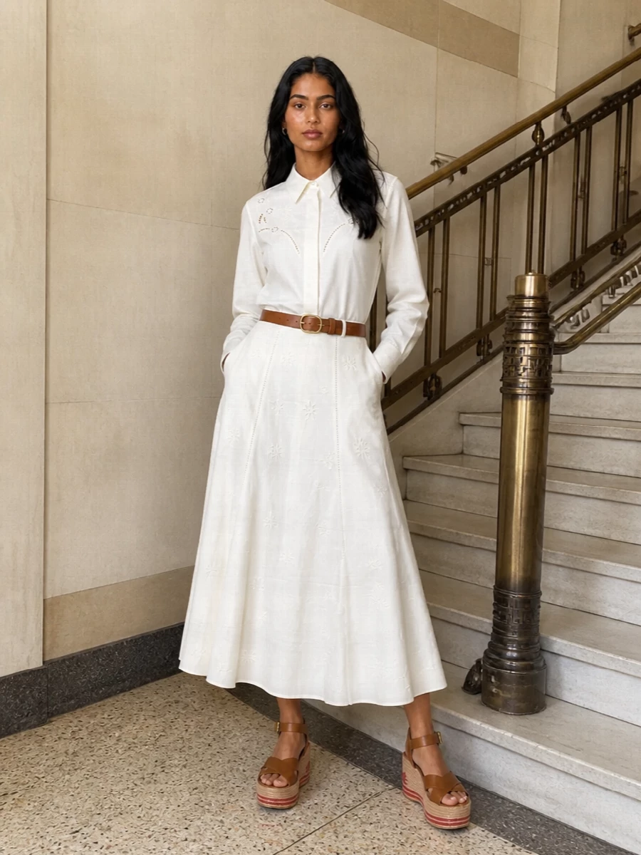 Soft ivory embroidery meets delicate structure for a romantic, sunlight-ready outfit that feels considered without trying too hard. The high-waisted skirt and gently tailored shirt are cinched with tan leather, then grounded with woven espadrilles for a graceful long-line silhouette. A rounded raffia bag finishes the palette with natural texture and quiet polish in warm sand and cognac tones.